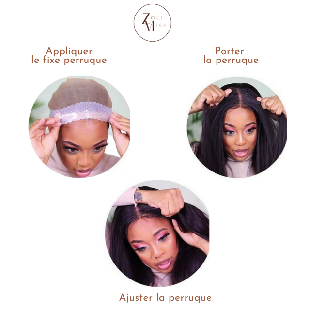 une femme en train de démontrer l'application du Fixe Perruque pour poses sa perruque sans colle illustrant chaque étape pour sécuriser la perruque sur sa tête avec confiance et facilité