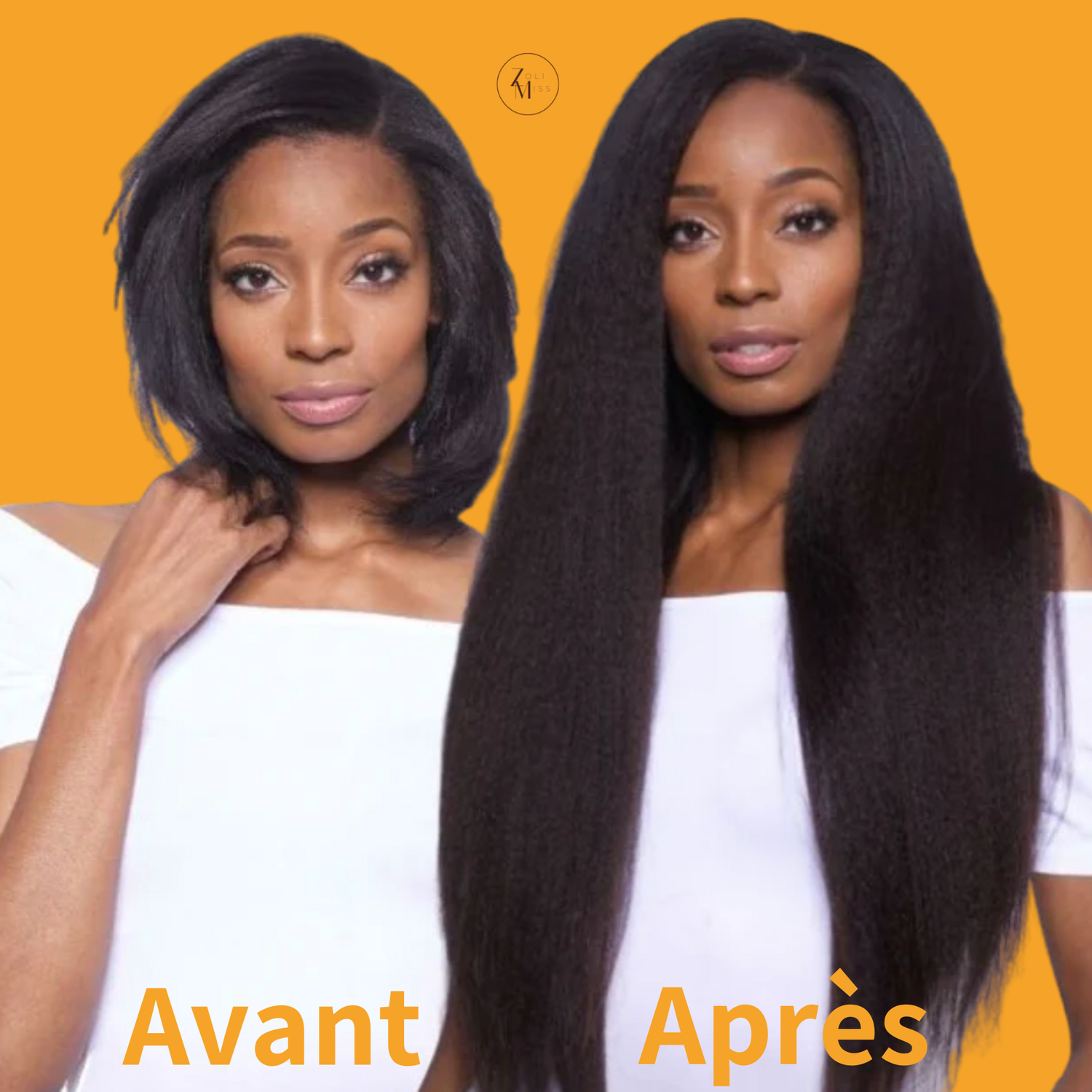 Avant et après transformation d'une femme avec des extensions à clips, montrant des cheveux afro naturels courts et une chevelure longue et volumineuse avec des extensions kinky straight.